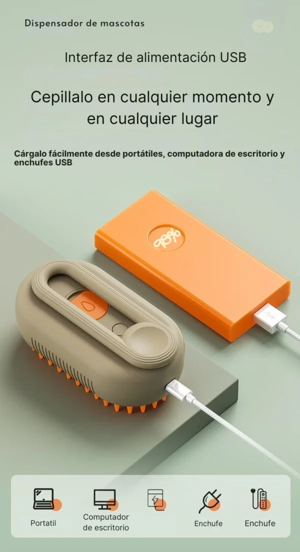 Cepillo/dispensador para gatos con carga USB, mostrando un power bank cargándolo al 98%