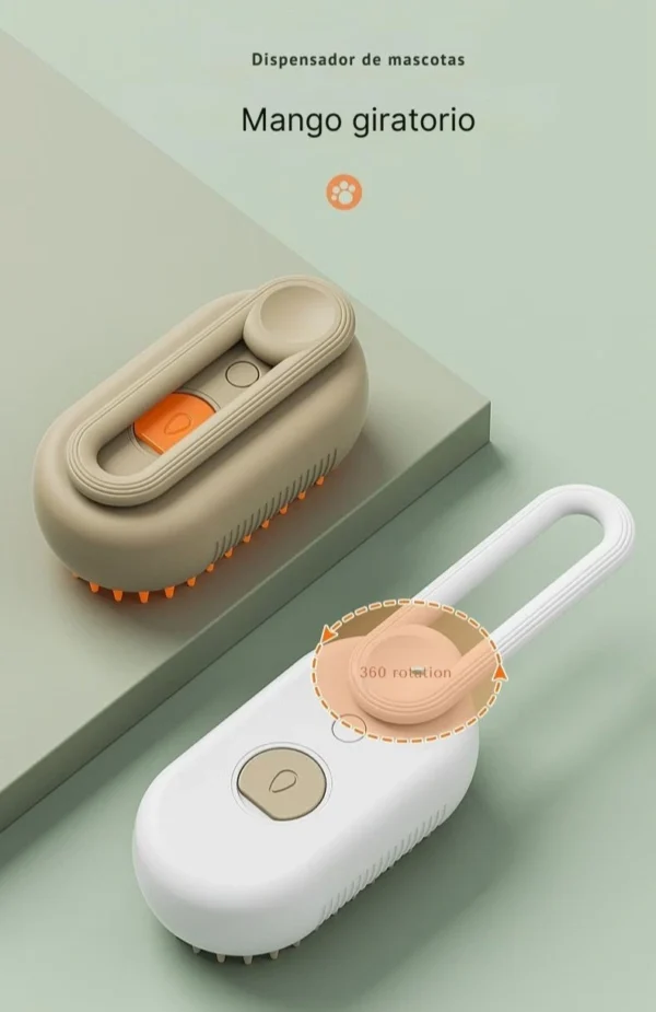 Dispensador circulante/cepillo para gatos con mango giratorio de 360 grados." Justificación: Resume las características principales del producto